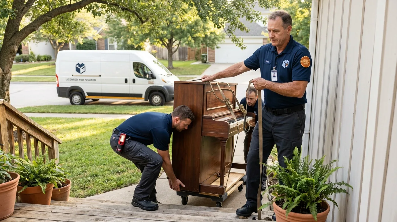 Licensed piano movers securing grand piano in Pleasanton, CA