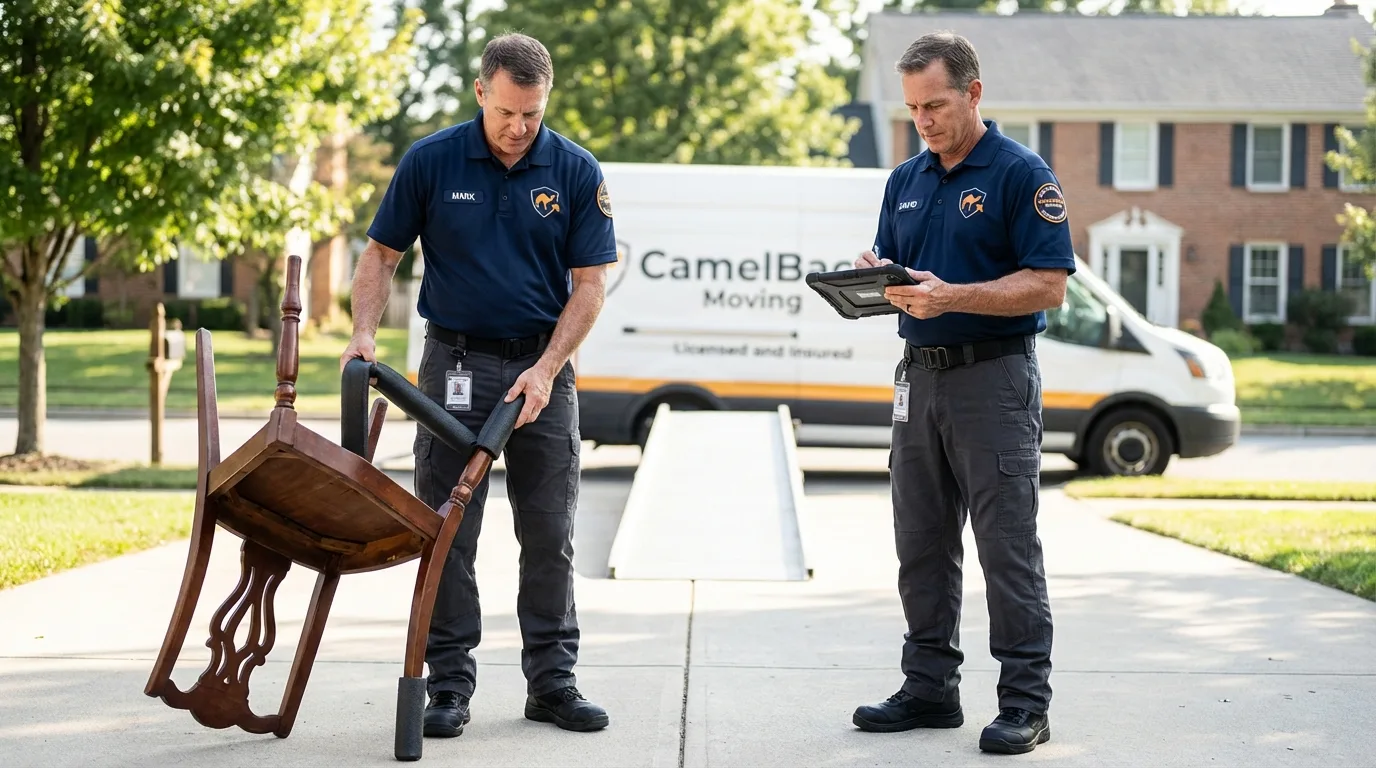 Movers inspecting furniture for damage prevention before loading in Pleasanton, CA