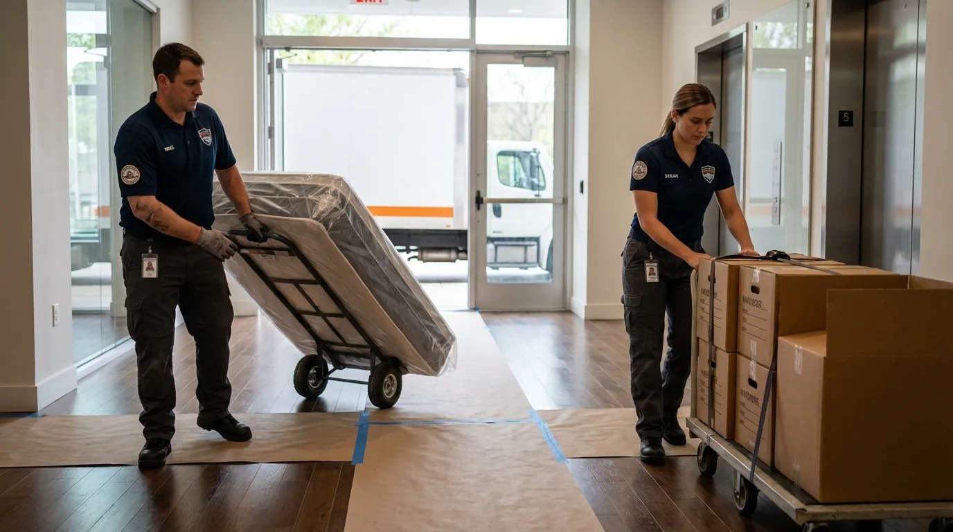 Professional apartment movers loading elevator in Pleasanton, CA